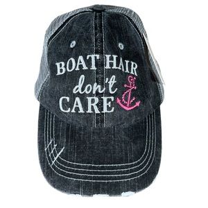 “Boat Hair Don’t Care” Embroidered & Distressed Adjustable Trucker’s Cap NWT